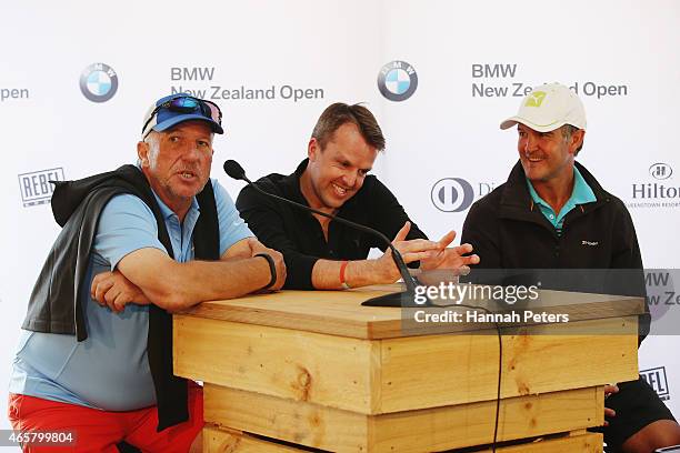 Sir Ian Botham, Graeme Swann and Nathan Astle answer questions during a press conference prior to playing in the New Zealand Open at The Hills on...