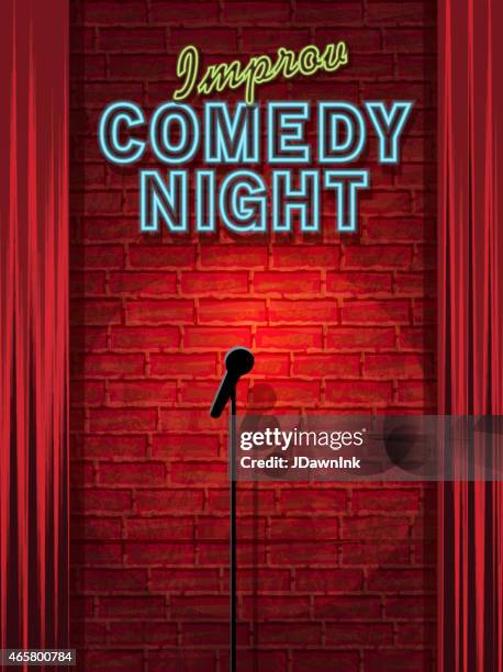 stockillustraties, clipart, cartoons en iconen met improv comedy night stage with neon sign and brick wall - improvisatie