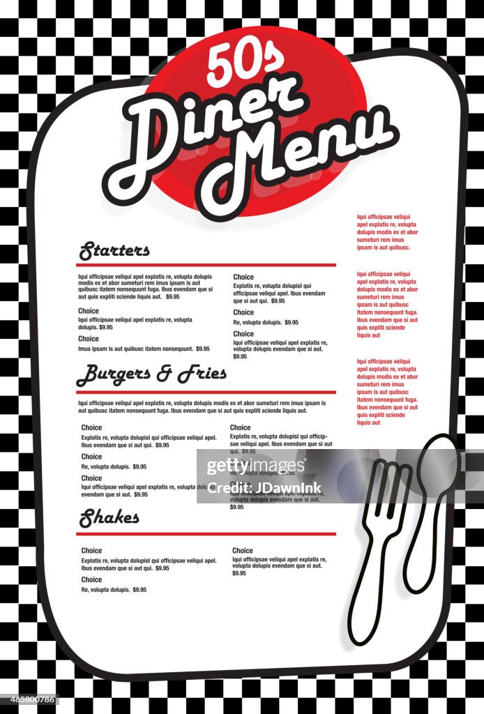 Late night retro 50s Diner menu layout red and white