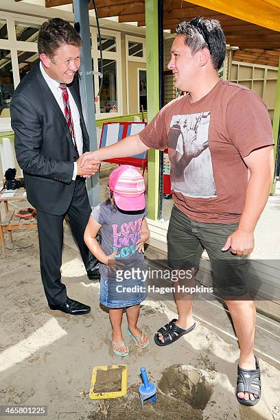 Labour leader David Cunliffe meets Christian Ruru and daughter Kaelyn Ruru of Upper Hutt during a visit to Trentham Kindergarten to discuss his...