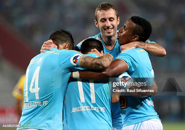 Irven Avila of Sporting Cristal celebrates a scored goal against Atletico PR as part of the Copa Bridgestone Libertadores 2014 at Nacional Stadium on...