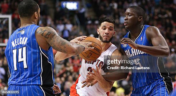 Toronto, ON - January 29 - In second half action, Toronto Raptors point guard Greivis Vasquez tries to drive to the hoop but Orlando Magic point...