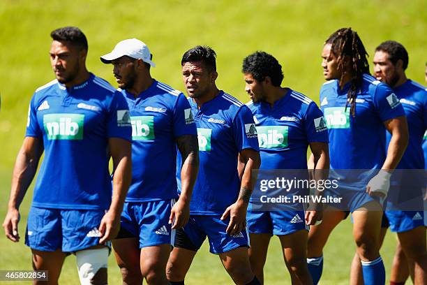 Keven Mealamu of the Blues warms up for a Blues Training Session at Unitec on March 11, 2015 in Auckland, New Zealand.