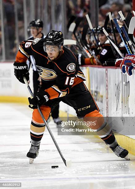 Emerson Etem of the Anaheim Ducks skates with the puck during the game against the Montreal Canadiens at Honda Center on March 4, 2015 in Anaheim,...