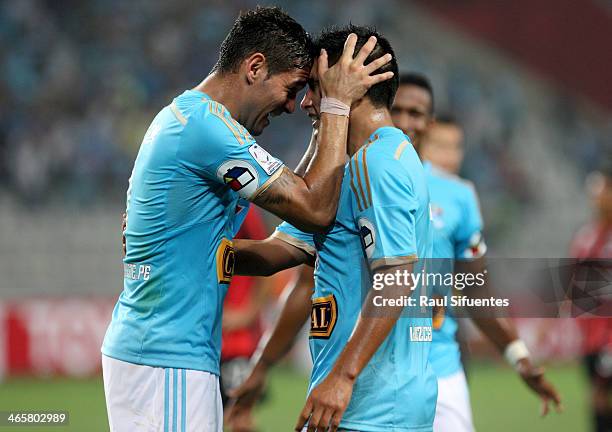 Irven Avila of Sporting Cristal celebrates a scored goal against Atletico PR as part of the Copa Bridgestone Libertadores 2014 at Nacional Stadium on...