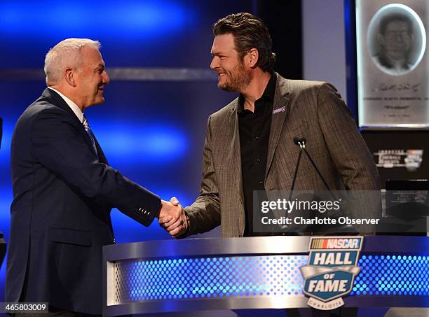 Hall of Fame inductee Dale Jarrett welcomes country music singer Blake Shelton during the Hall of Fame induction ceremony on Wednesday, Jan. 29 in...