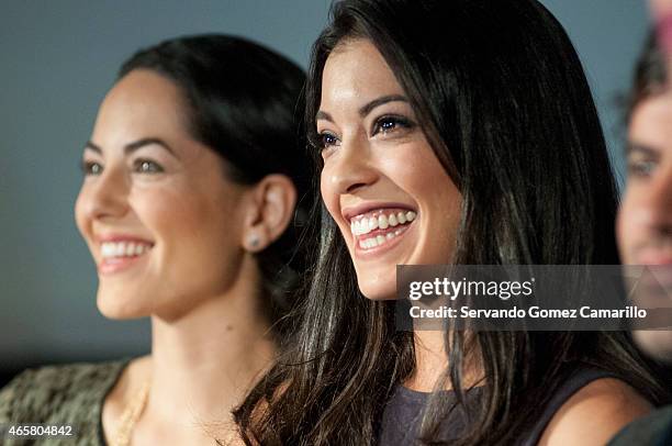 Stephanie Sigman and Barbara Mori smile during a press conference of the movie "Alicia en el País de María" as part of the International Film...