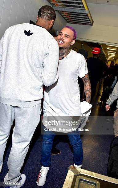 Josh Smith and Chris Brown backstage at Trey Songz and Chris Brown in concert at Phillips Arena on March 2, 2015 in Atlanta, Georgia.