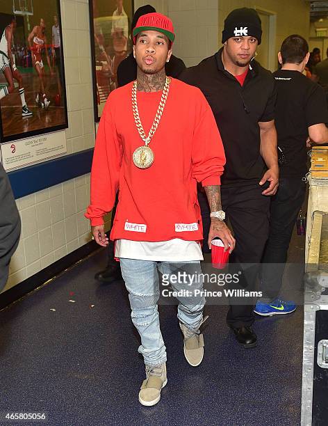 Tyga backstage at Trey Songz and Chris Brown in concert at Phillips Arena on March 2, 2015 in Atlanta, Georgia.