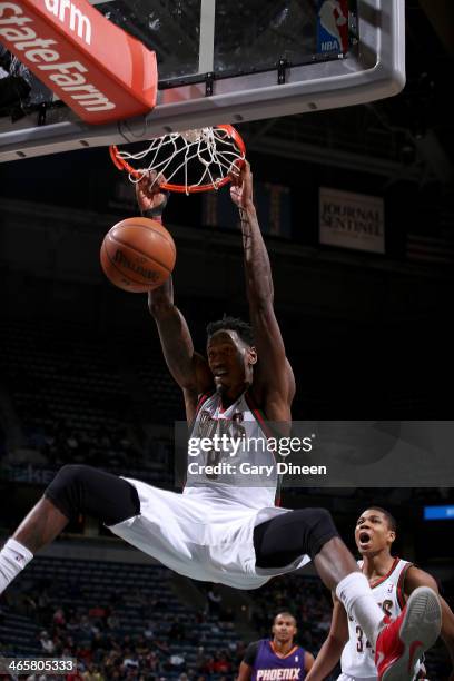 January 29: Larry Sanders of the Milwaukee Bucks dunks against the Phoenix Suns on January 29, 2014 at the BMO Harris Bradley Center in Milwaukee,...