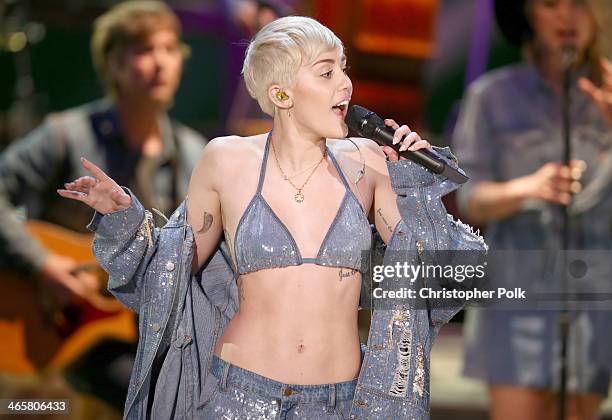 Recording artist Miley Cyrus performs onstage during Miley Cyrus: MTV Unplugged at Sunset Gower Studios on January 28, 2014 in Hollywood, California.