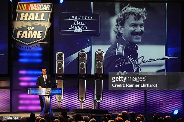 Class of 2014 inductee Dale Jarrett speaks during the NASCAR Hall of Fame induction ceremony at Charlotte Convention Center on January 29, 2014 in...