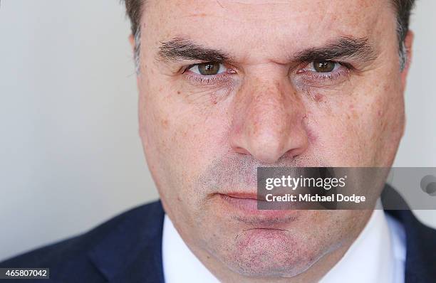 Socceroos head coach Ange Postecoglou poses after an Australia Socceroos press conference at AAMI Park on March 11, 2015 in Melbourne, Australia. The...