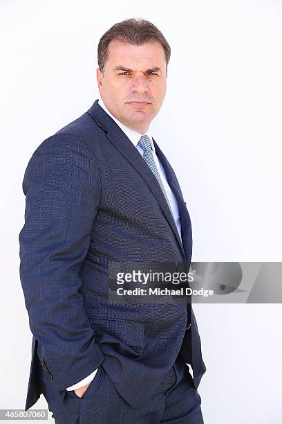 Socceroos head coach Ange Postecoglou poses after an Australia Socceroos press conference at AAMI Park on March 11, 2015 in Melbourne, Australia. The...