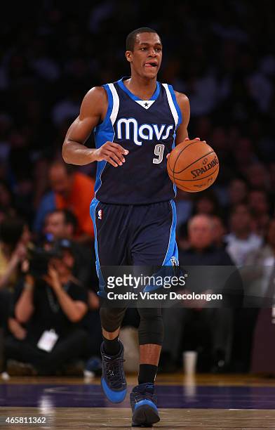 Rajon Rondo of the Dallas Mavericks dribbles the ball upcourt against the Los Angeles Lakers during the NBA game at Staples Center on March 8, 2015...