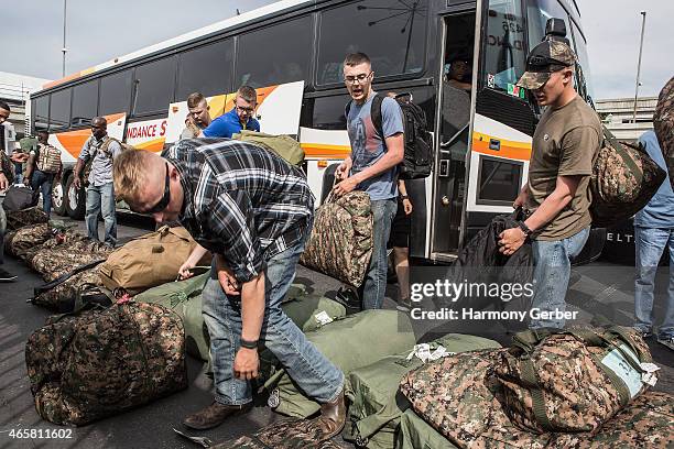 Troops preparing for assignment at Bob Hope USO at LAX on March 10, 2015 in Los Angeles, California.