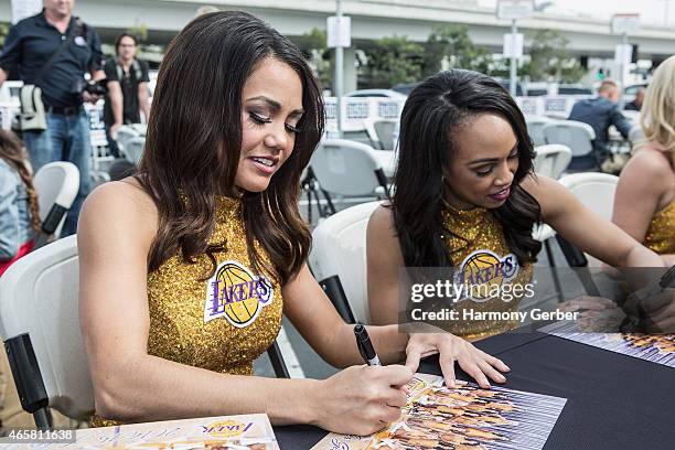 Los Angeles Laker Girls meet U.S. Troops at Bob Hope USO at LAX on March 10, 2015 in Los Angeles, California.