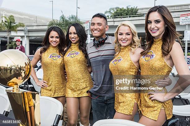 Los Angeles Laker Girls meet U.S. Troops at Bob Hope USO at LAX on March 10, 2015 in Los Angeles, California.