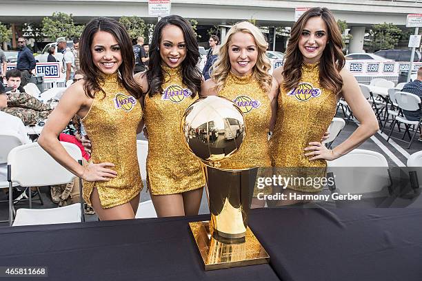 Los Angeles Laker Girls meet U.S. Troops at Bob Hope USO at LAX on March 10, 2015 in Los Angeles, California.