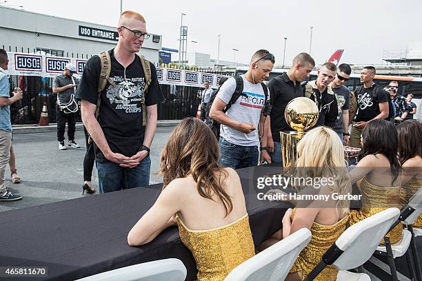 Los Angeles Laker Girls meet U.S. Troops at Bob Hope USO at LAX on March 10, 2015 in Los Angeles, California.