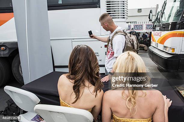 Los Angeles Laker Girls meet U.S. Troops at Bob Hope USO at LAX on March 10, 2015 in Los Angeles, California.