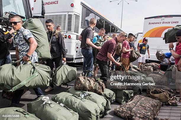 Troops preparing for assignment at Bob Hope USO at LAX on March 10, 2015 in Los Angeles, California.