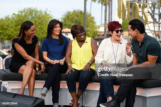 Aisha Tyler, Julie Chen, Sheryl Underwood, Sharon Osbourne and Mario Lopez visit "Extra" at Universal Studios Hollywood on March 10, 2015 in...