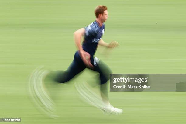 Alasdair Evans of Scotland bowls during the 2015 Cricket World Cup match between Sri Lanka and Scotland at Bellerive Oval on March 11, 2015 in...