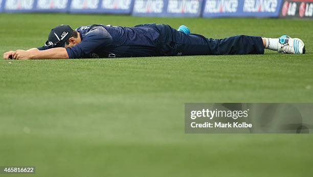 Freddie Coleman of Scotland looks dejected after dropping a catch during the 2015 Cricket World Cup match between Sri Lanka and Scotland at Bellerive...