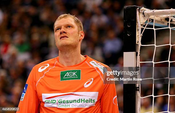 Johannes Bitter, goalkeeper of Hamburg reacts during the DKB Bundesliga handball match between HSV Handball and SC Magdeburg at O2 World on March 10,...