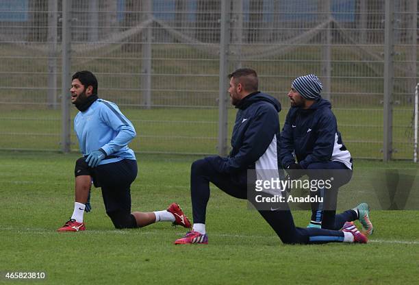 Hulk , Javi Garcia and Danny Miguel of Zenit St.-Petersburg in action during a FC Zenit training session ahead of the UEFA Europa League match...