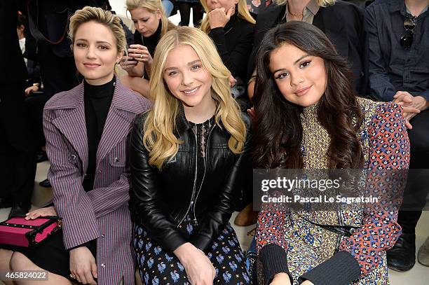 Dianna Agron, Chloe Moretz and Selena Gomez attend the Louis Vuitton show as part of the Paris Fashion Week Womenswear Fall/Winter 2015/2016 on March...