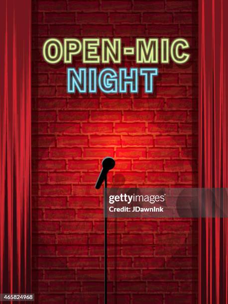 open mic night stage with neon sign and brick wall - comedian mic stock illustrations