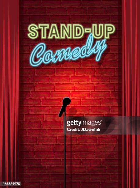 stockillustraties, clipart, cartoons en iconen met stand-up comedy night stage with neon sign and brick wall - humor