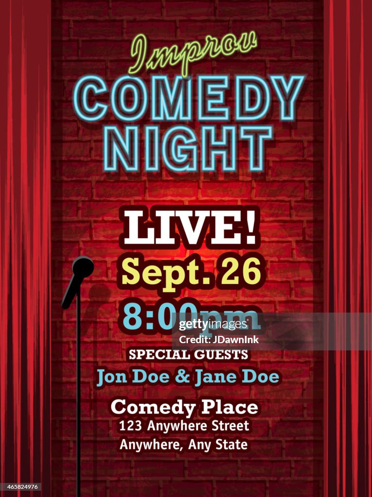 Improv Comedy Night stage with neon sign and curtain