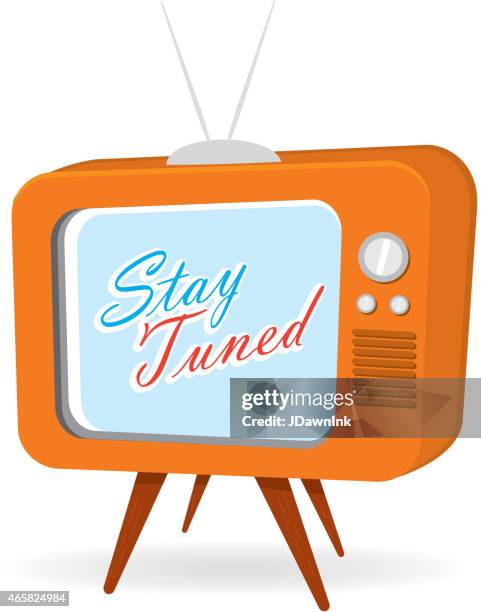 retro orange tv with screen with stay tuned message - vintage television white background stock illustrations
