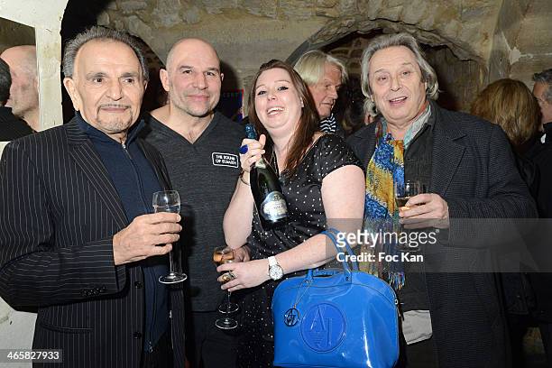 Jean Pierre Kalfon, Vincent Moscato, Jessica Holgado and Patrick Bouchitey pose with a bottle of Selosse Pajon champagne sponsor of the Party during...