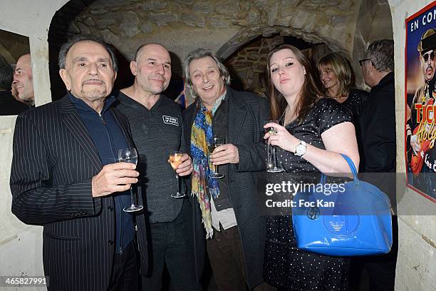 Jean Pierre Kalfon, Vincent Moscato, Patrick Bouchitey and Jessica Holgado attend the Tribute To Actor Ticky Holgado At The O Mantra Club on January...