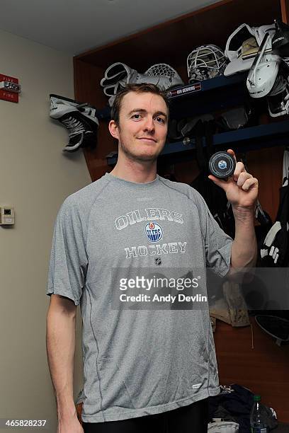 Ben Scrivens of the Edmonton Oilers poses following a 58 save shutout in a game against the San Jose Sharks on January 29, 2014 at Rexall Place in...