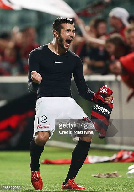 Nikita Rukavytsya of the Wanderers celebrates scoring the winning goal during the round 21 A-League match between the Western Sydney Wanderers and...
