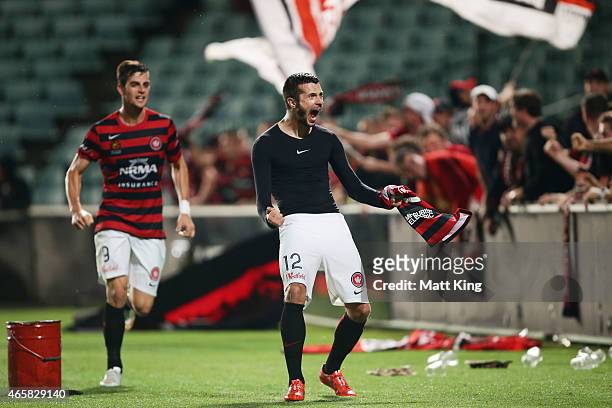 Nikita Rukavytsya of the Wanderers celebrates scoring the winning goal during the round 21 A-League match between the Western Sydney Wanderers and...