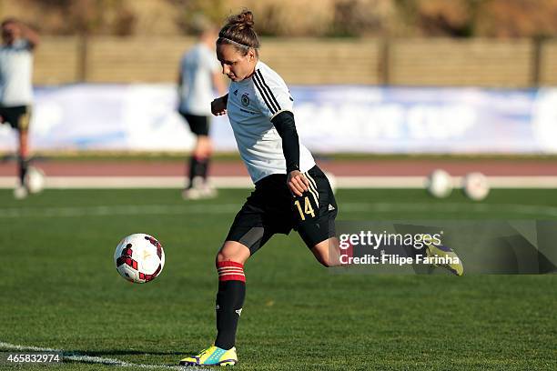 Babett Peter of Germany warming up during the Women's Algarve Cup match between Brazil and Germany on March 9, 2015 in Parchal, Portugal.