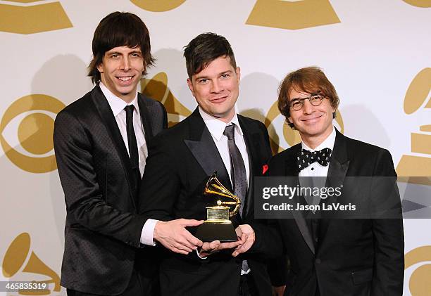 Musicians Sammy James Jr., Stephen Oremus and William Wittman, winners of Best Musicla Theater Album for 'Kinky Boots' pose in the press room at the...