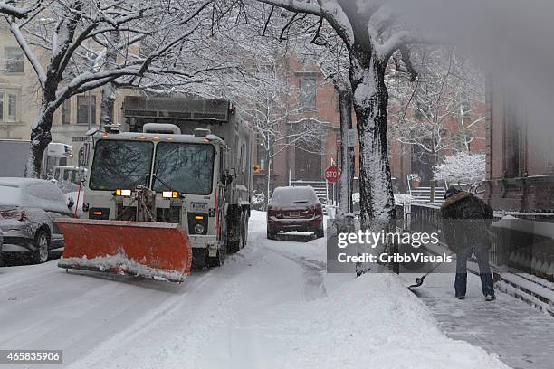 snowplow clears narrow brooklyn heights street - winterdienst stock pictures, royalty-free photos & images