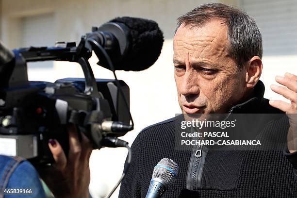 Ajaccio's football Club president Alain Orsoni looks addresses the media folllowing a press conference on March 11, 2015 at the Francois-Coty stadium...