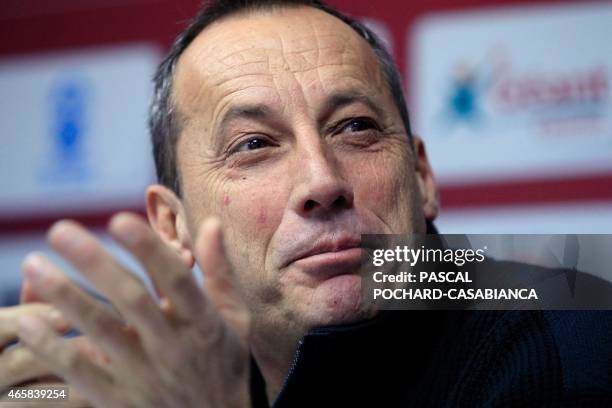 Ajaccio's football Club president Alain Orsoni reacts during a press conference on March 11, 2015 at the Francois-Coty stadium in Ajaccio, on the...