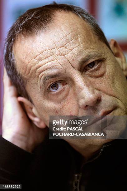 Ajaccio's football Club president Alain Orsoni looks on during a press conference on March 11, 2015 at the Francois-Coty stadium in Ajaccio, on the...