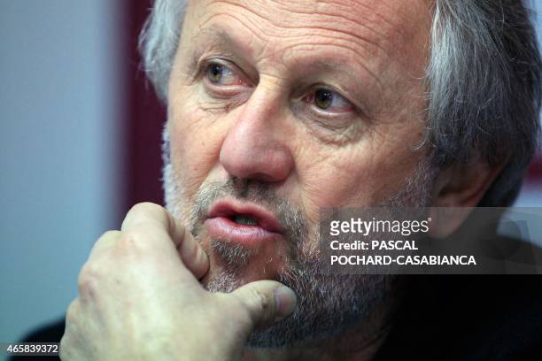 Ajaccio's football Club president Leon Luciani speaks during a press conference on March 11, 2015 at the Francois-Coty stadium in Ajaccio, on the...