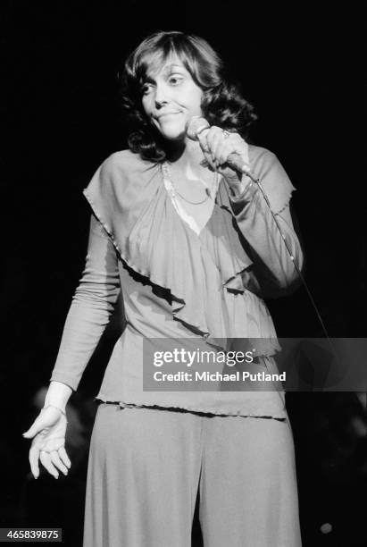 American singer and drummer Karen Carpenter , of pop duo The Carpenters, performing on stage, 22nd February 1974.