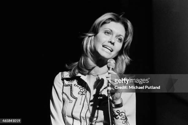 English born Australian singer and actress Olivia Newton-John performing on the BBC TV music show 'Top Of The Pops', London, 7th March 1974.
